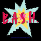 Colorful graphic with bold pink B.A.S.H. text overlapping a yellow center star on a light blue background with decorative points